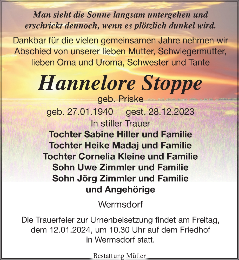  Traueranzeige für Hannelore Stoppe vom 06.01.2024 aus Leipziger Volkszeitung