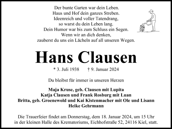 Traueranzeige von Hans Clausen von Kieler Nachrichten