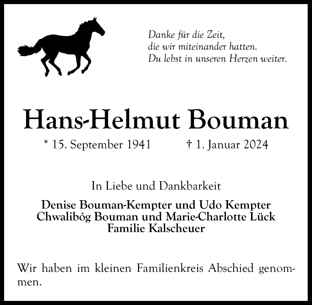  Traueranzeige für Hans-Helmut Bouman vom 27.01.2024 aus Lübecker Nachrichten