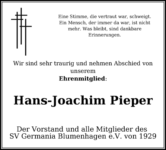 Traueranzeige von Hans-Joachim Pieper von Peiner Allgemeine Zeitung