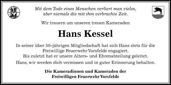 Traueranzeige von Hans Kessel von Aller Zeitung