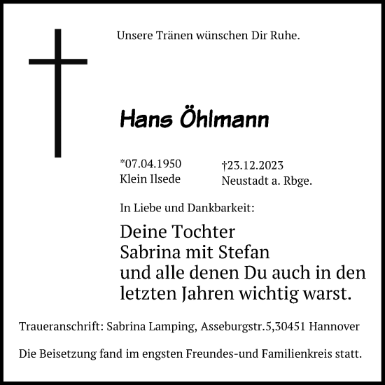 Traueranzeige von Hans Öhlmann von Peiner Allgemeine Zeitung