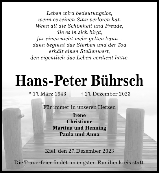 Traueranzeige von Hans-Peter Bührsch von Kieler Nachrichten