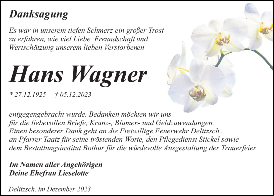 Traueranzeige von Hans Wagner von Leipziger Volkszeitung