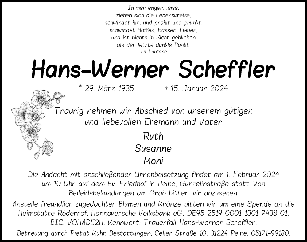  Traueranzeige für Hans-Werner Scheffler vom 27.01.2024 aus Peiner Allgemeine Zeitung