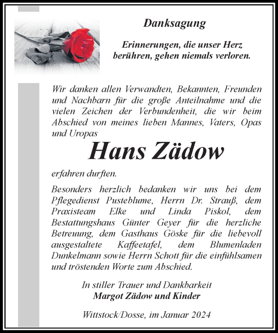 Traueranzeige von Hans Zädow von Wochenspiegel