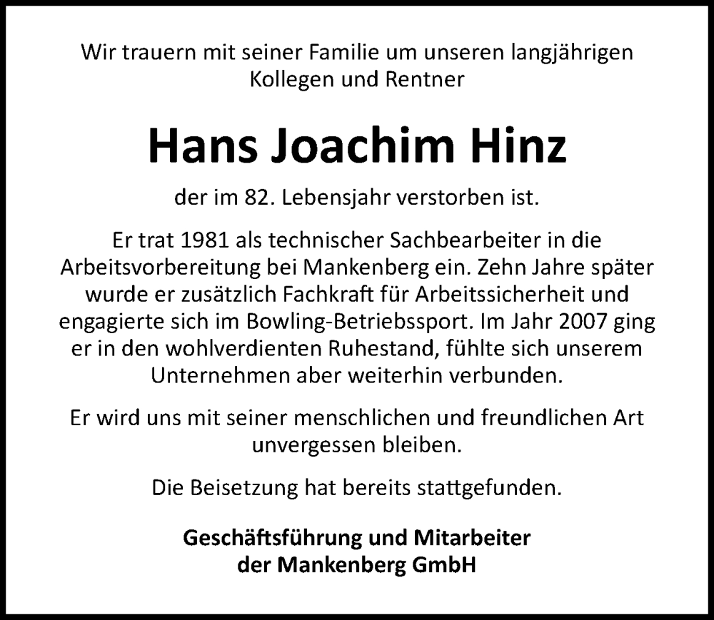  Traueranzeige für Hans Joachim Hinz vom 07.01.2024 aus Lübecker Nachrichten