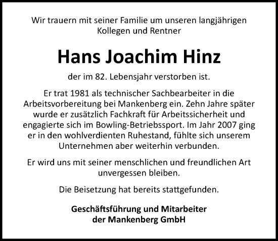 Traueranzeige von Hans Joachim Hinz von Lübecker Nachrichten