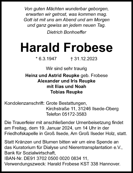 Traueranzeige von Harald Frobese von Peiner Allgemeine Zeitung