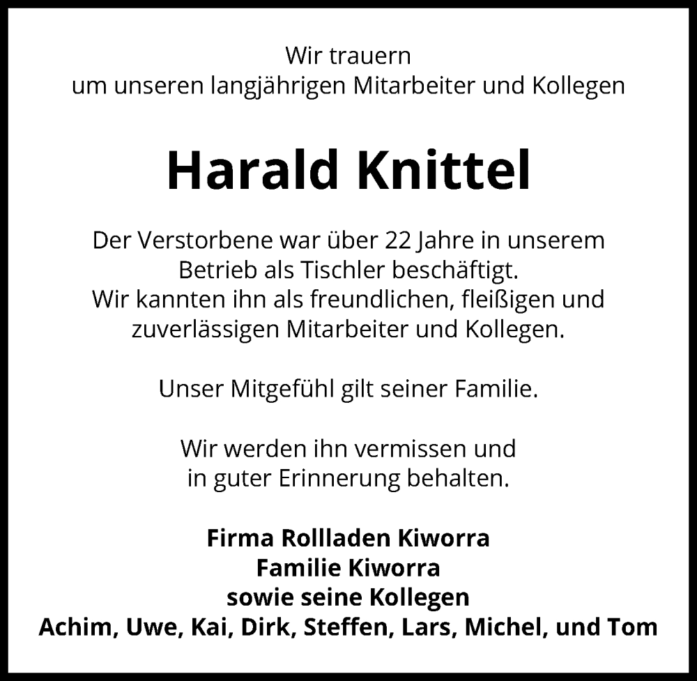  Traueranzeige für Harald Knittel vom 27.01.2024 aus Peiner Allgemeine Zeitung