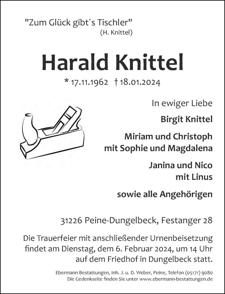 Traueranzeige für Harald Knittel vom 20.01.2024 aus Peiner Allgemeine Zeitung
