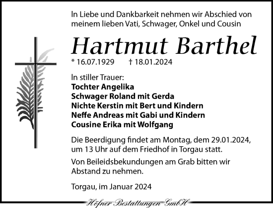 Traueranzeige von Hartmut Barthel von Torgauer Zeitung