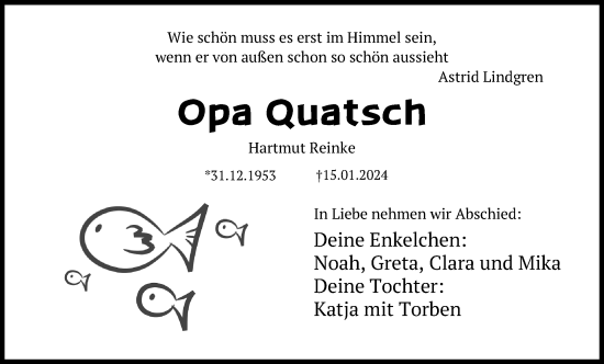 Traueranzeige von Hartmut Reinke von Lübecker Nachrichten