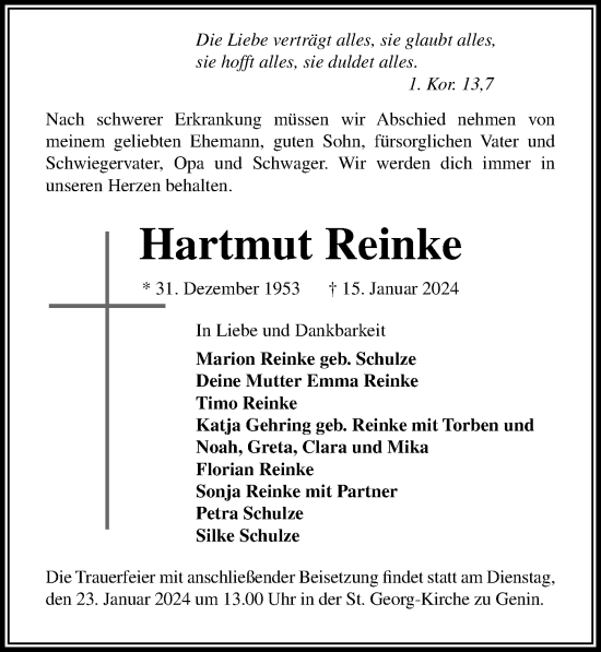 Traueranzeige von Hartmut Reinke von Lübecker Nachrichten