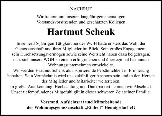 Traueranzeige von Hartmut Schenk von Märkischen Allgemeine Zeitung