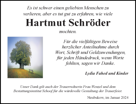 Traueranzeige von Hartmut Schröder von Ostsee-Zeitung GmbH