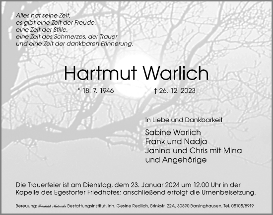 Traueranzeige von Hartmut Warlich von Hannoversche Allgemeine Zeitung/Neue Presse