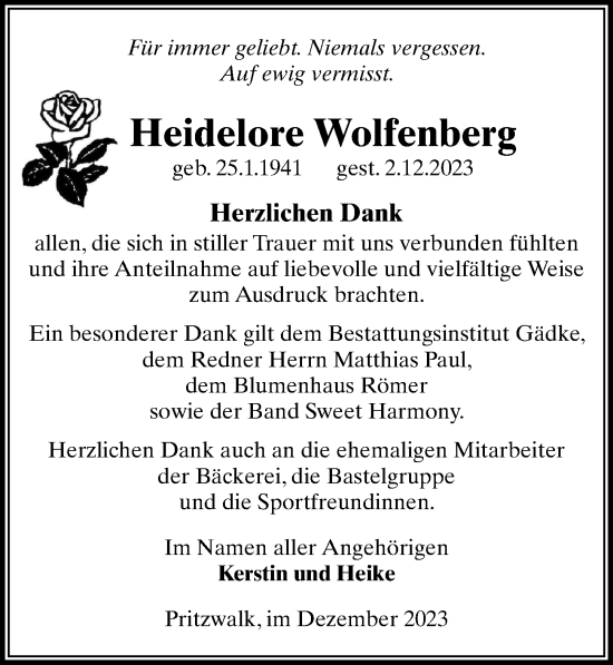 Traueranzeige von Heidelore Wolfenberg von Märkischen Allgemeine Zeitung