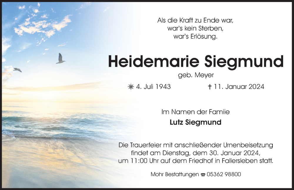  Traueranzeige für Heidemarie Siegmund vom 20.01.2024 aus Aller Zeitung