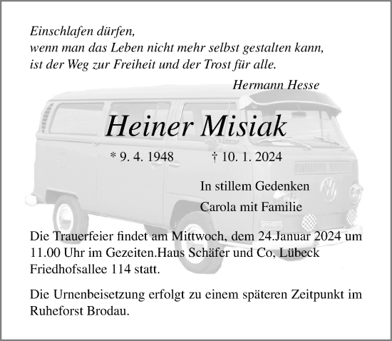 Traueranzeige von Heiner Misiak von Lübecker Nachrichten
