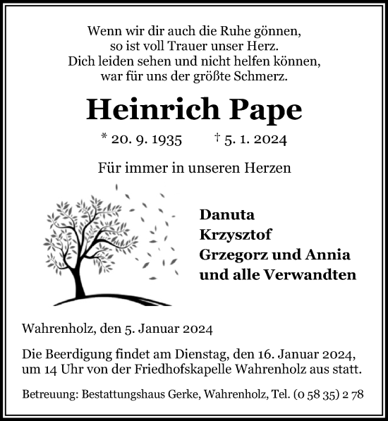 Traueranzeige von Heinrich Pape von Aller Zeitung