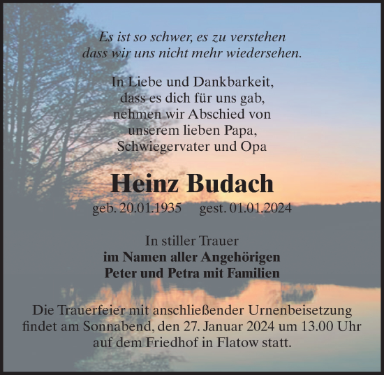 Traueranzeige von Heinz Budach von Märkischen Allgemeine Zeitung