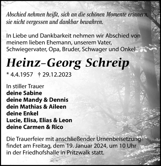 Traueranzeige von Heinz-Georg Schreip von Wochenspiegel
