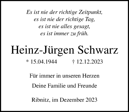 Traueranzeige von Heinz-Jürgen Schwarz von Ostsee-Zeitung GmbH