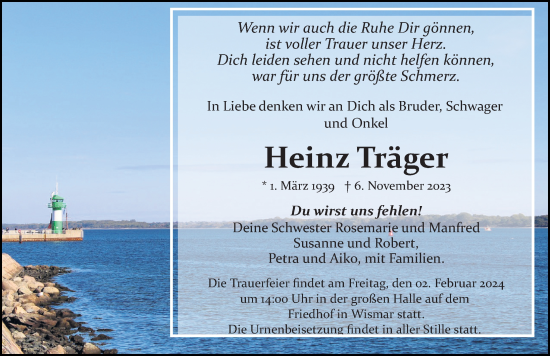 Traueranzeige von Heinz Träger von Ostsee-Zeitung GmbH