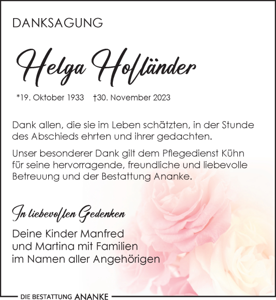 Traueranzeige von Helga Hofländer von Leipziger Volkszeitung