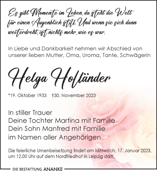 Traueranzeige von Helga Holländer von Leipziger Volkszeitung