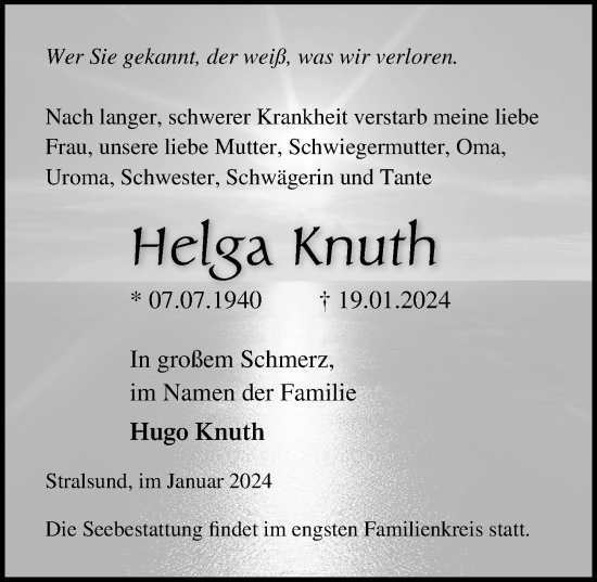 Traueranzeige von Helga Knuth von Ostsee-Zeitung GmbH
