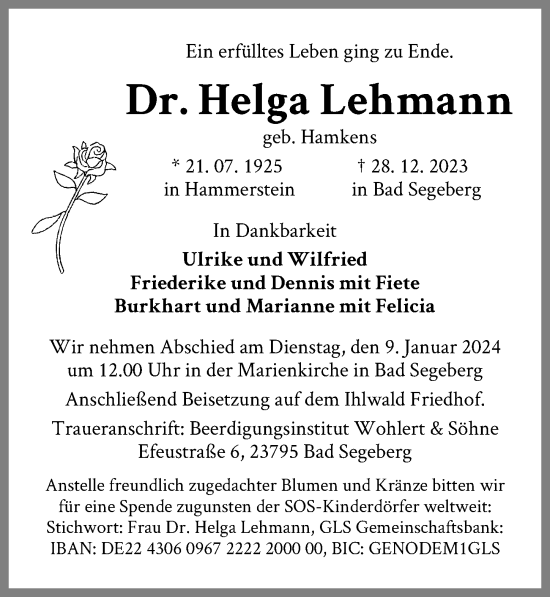 Traueranzeige von Helga Lehmann von Lübecker Nachrichten