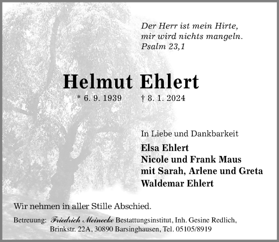 Traueranzeige von Helmut Ehlert von Hannoversche Allgemeine Zeitung/Neue Presse