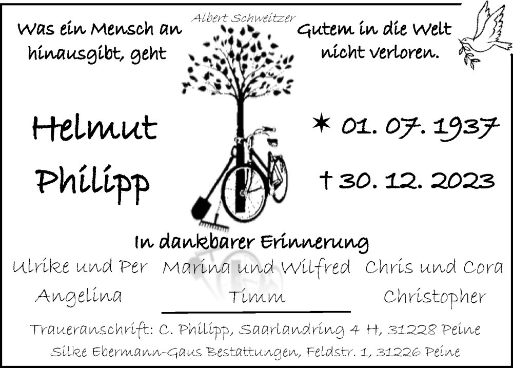  Traueranzeige für Helmut  Philipp vom 06.01.2024 aus Peiner Allgemeine Zeitung