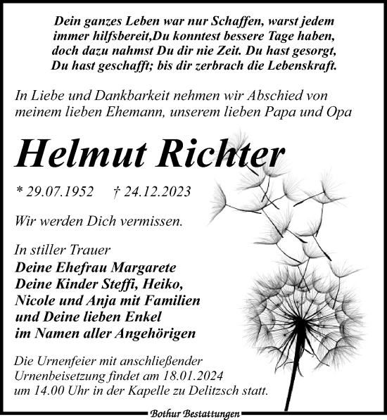 Traueranzeige von Helmut Richter von Leipziger Volkszeitung