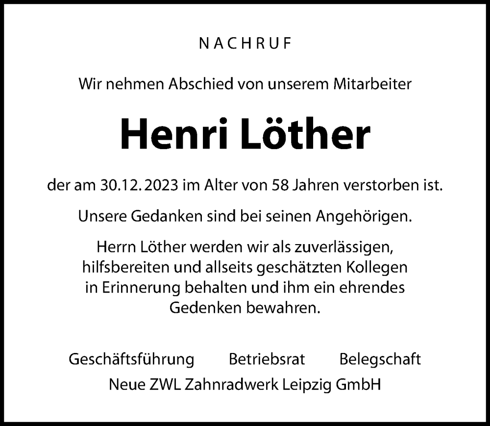  Traueranzeige für Henri Löther vom 13.01.2024 aus Leipziger Volkszeitung