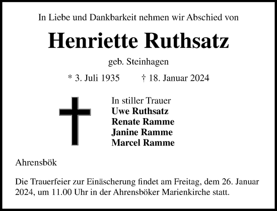 Traueranzeige von Henriette Ruthsatz von Lübecker Nachrichten