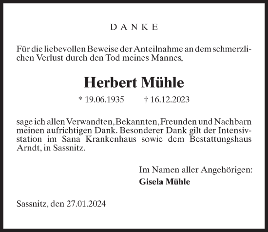 Traueranzeige von Herbert Mühle von Ostsee-Zeitung GmbH