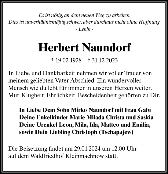 Traueranzeige von Herbert Naundorf von Märkischen Allgemeine Zeitung