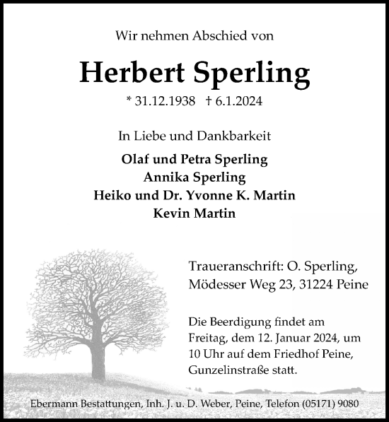 Traueranzeige von Herbert Sperling von Peiner Allgemeine Zeitung