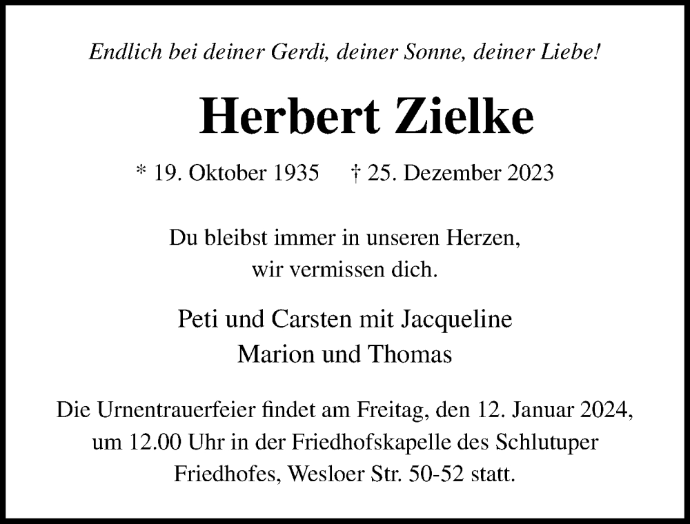 Traueranzeige für Herbert Zielke vom 07.01.2024 aus Lübecker Nachrichten