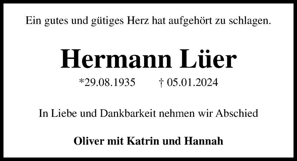  Traueranzeige für Hermann Lüer vom 13.01.2024 aus Peiner Allgemeine Zeitung