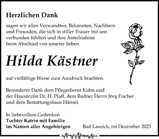 Traueranzeige von Hilda Kästner von Leipziger Volkszeitung