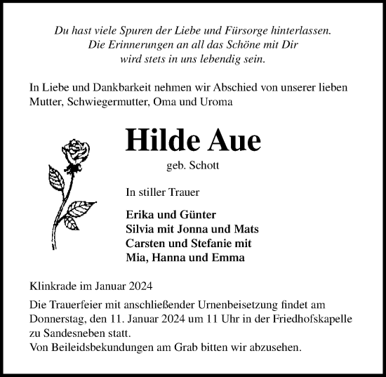 Traueranzeige von Hilde Aue von Lübecker Nachrichten