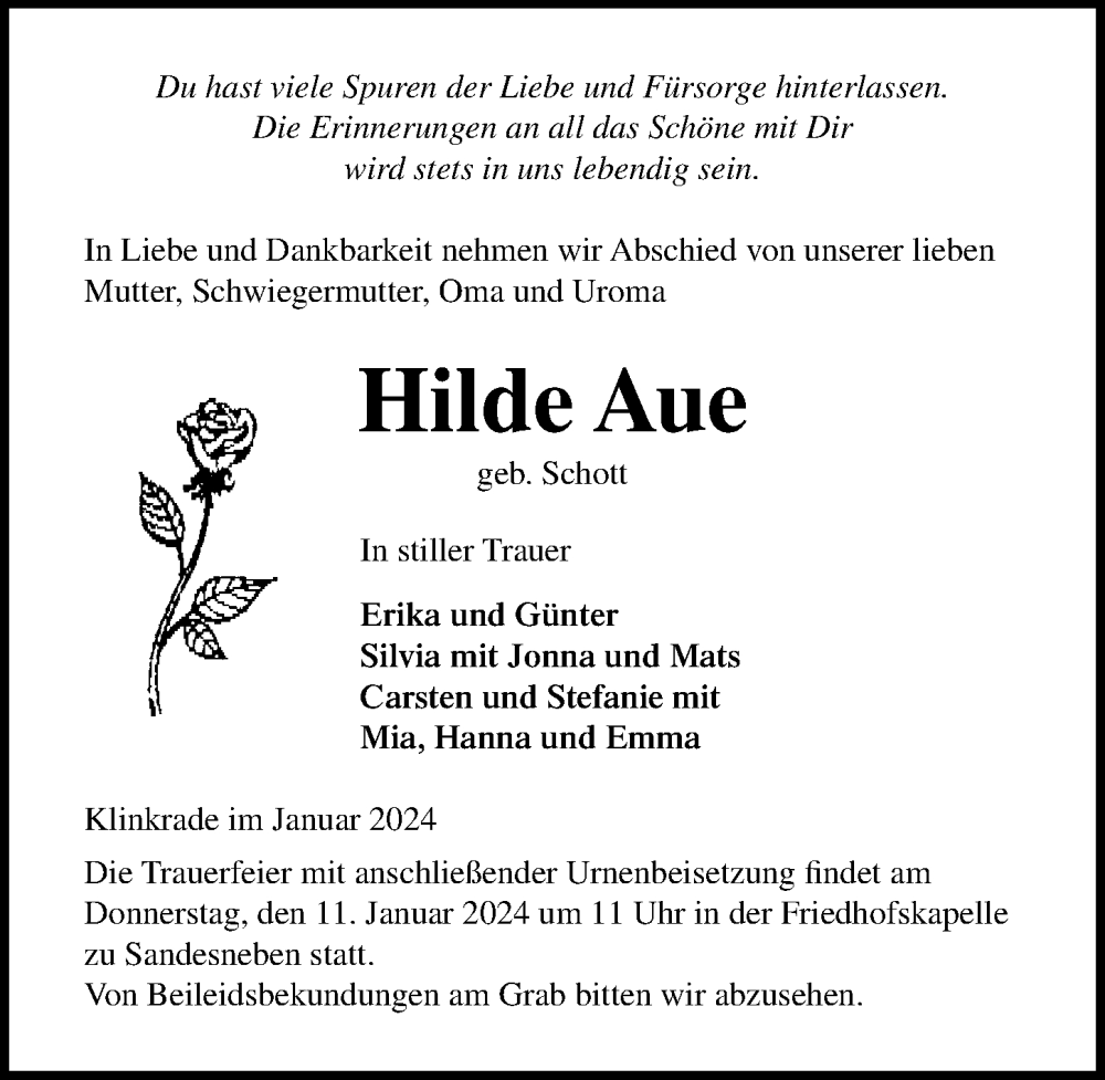  Traueranzeige für Hilde Aue vom 06.01.2024 aus Lübecker Nachrichten