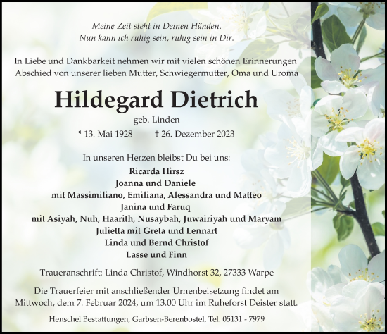 Traueranzeige von Hildegard Dietrich von Hannoversche Allgemeine Zeitung/Neue Presse