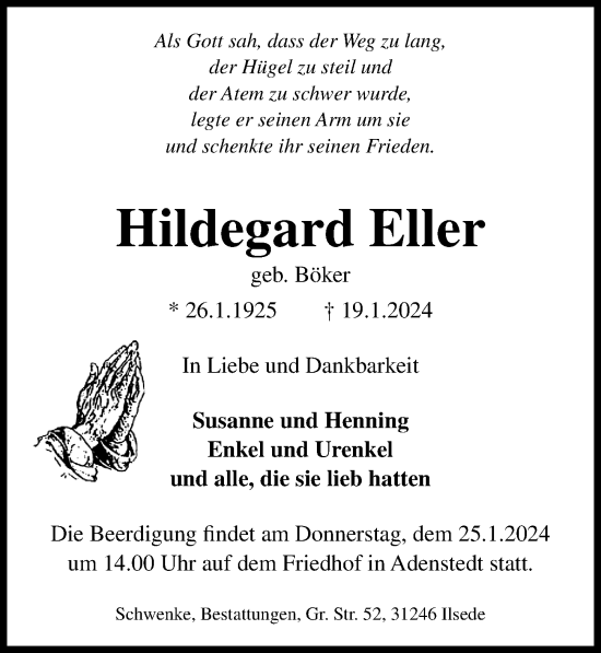 Traueranzeige von Hildegard Eller von Peiner Allgemeine Zeitung