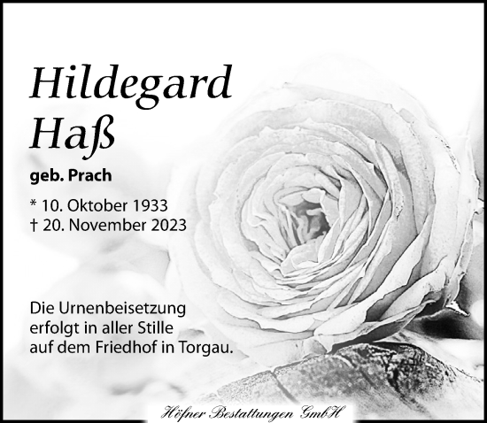 Traueranzeige von Hildegard Haß von Torgauer Zeitung
