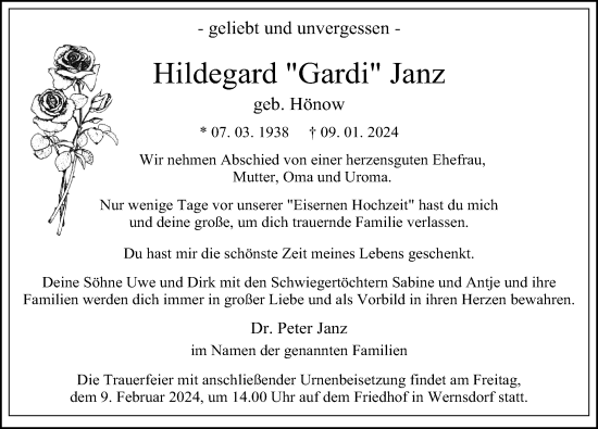 Traueranzeige von Hildegard  Janz von Märkischen Allgemeine Zeitung